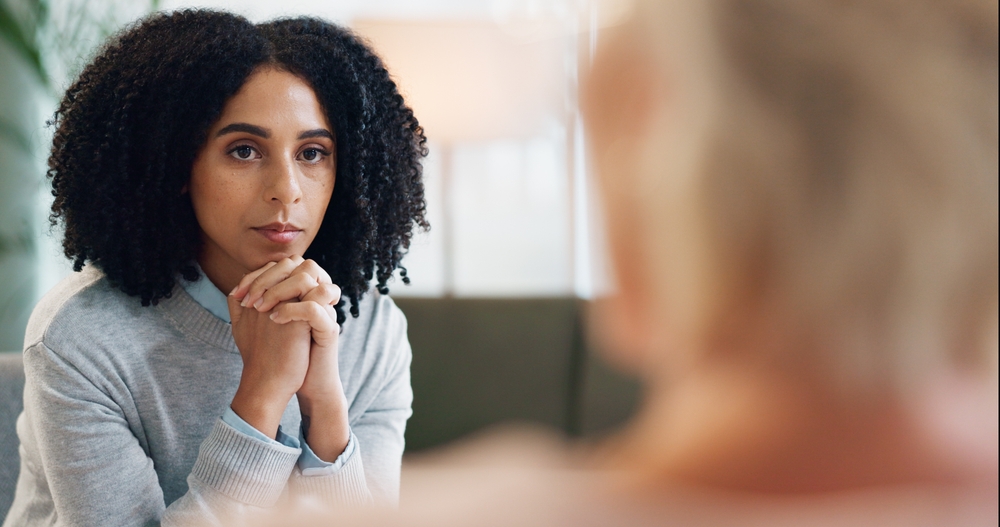 Counseling Counseling, woman in consultation with psychologist for advice,
